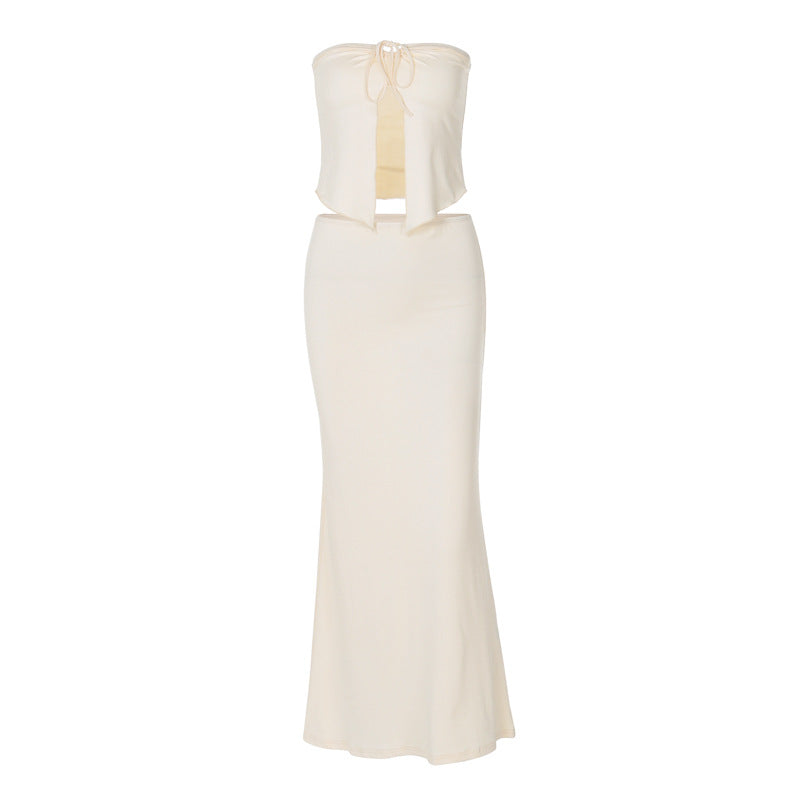 Conjunto de ropa de primavera para mujer, top corto ajustado con costuras sexys y escote en V, falda larga
