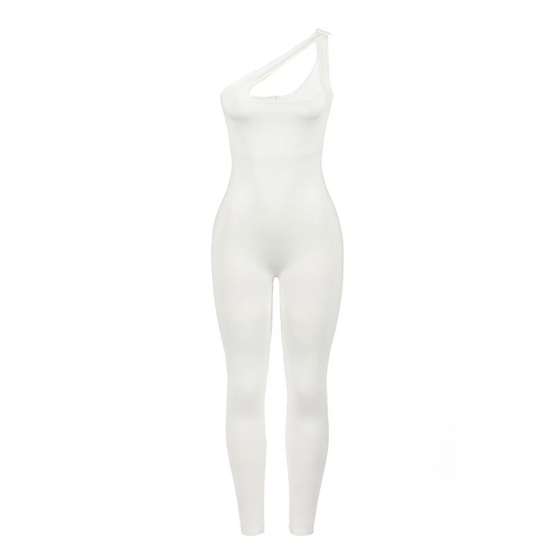 Pantalones de una pieza para mujer, informales, ajustados, con tirantes oblicuos unilaterales, de color liso