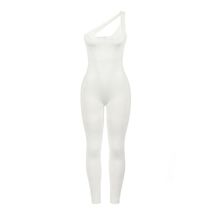 Pantalones de una pieza para mujer, informales, ajustados, con tirantes oblicuos unilaterales, de color liso