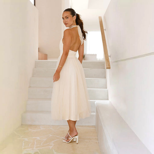 Vestido de primavera-verano con cuello alto, espalda descubierta y malla halter, dulce y fresco, para mujer