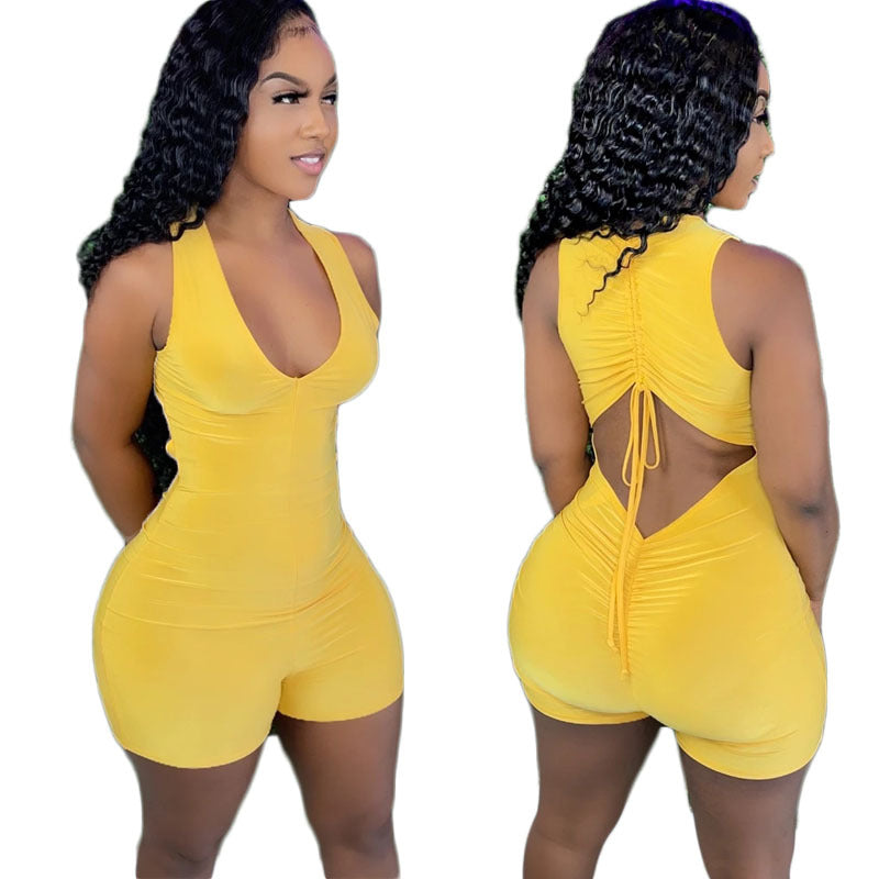 Mono sexy para mujer, sin mangas, con pantalones cortos plisados