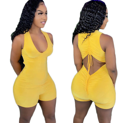 Mono sexy para mujer, sin mangas, con pantalones cortos plisados