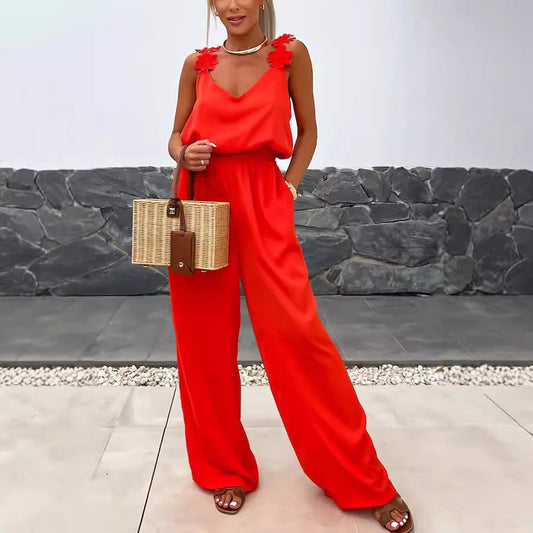 Mono informal holgado con bolsillos y tirantes para mujer, sin mangas, para primavera y verano