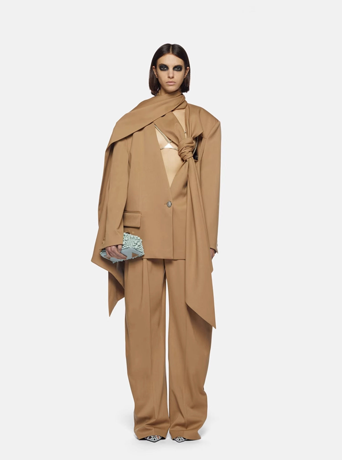 Conjunto de dos piezas para mujer, otoño e invierno, con bufanda, corte de perfil, blazer, pantalones casuales de cintura alta