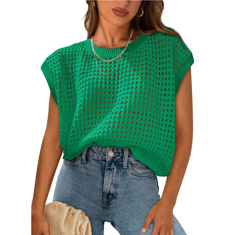 Ropa de verano para mujer, blusa de punto con cuello redondo, aberturas y protección solar