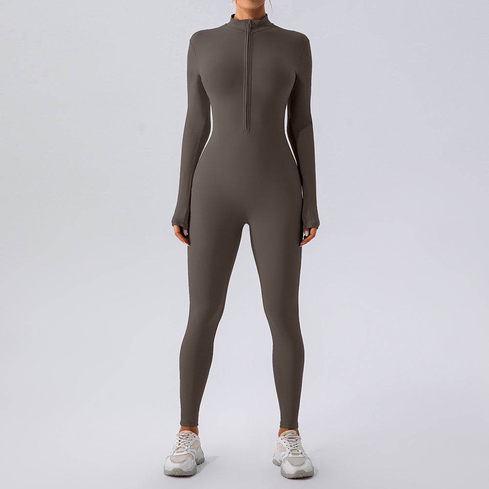 Mono de yoga de manga larga con cremallera y tacto nude para mujer, mono de una pieza para entrenamiento deportivo y fitness.