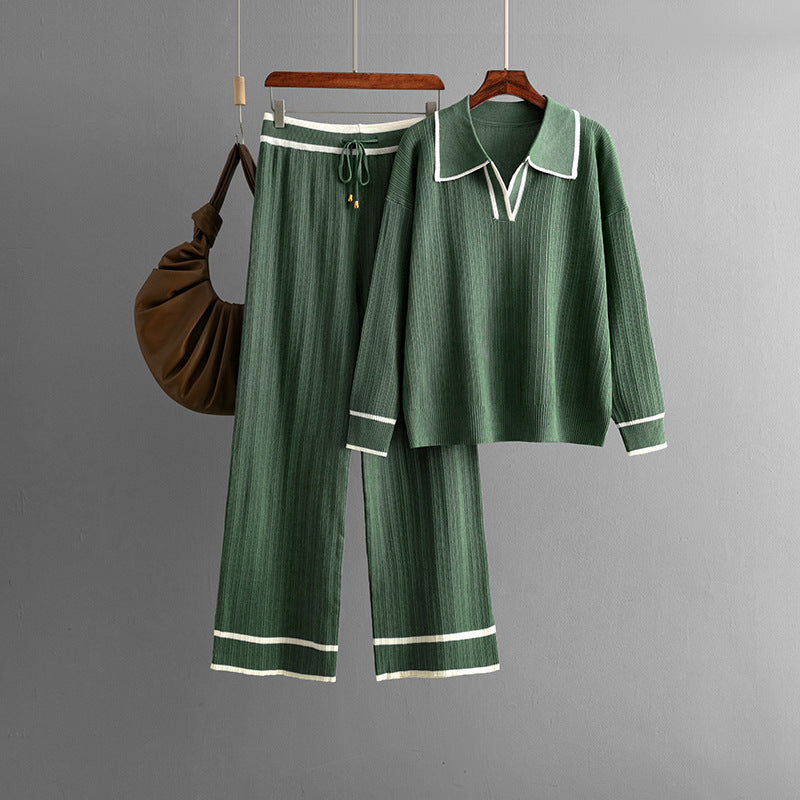 Conjunto informal de dos piezas de punto adelgazante con cintura alta y cuello polo de color contrastante para otoño e invierno