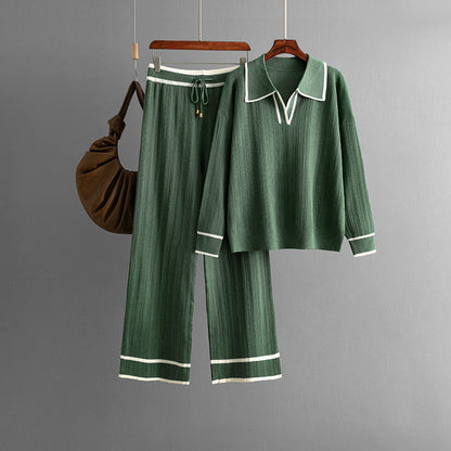 Conjunto informal de dos piezas de punto adelgazante con cintura alta y cuello polo de color contrastante para otoño e invierno