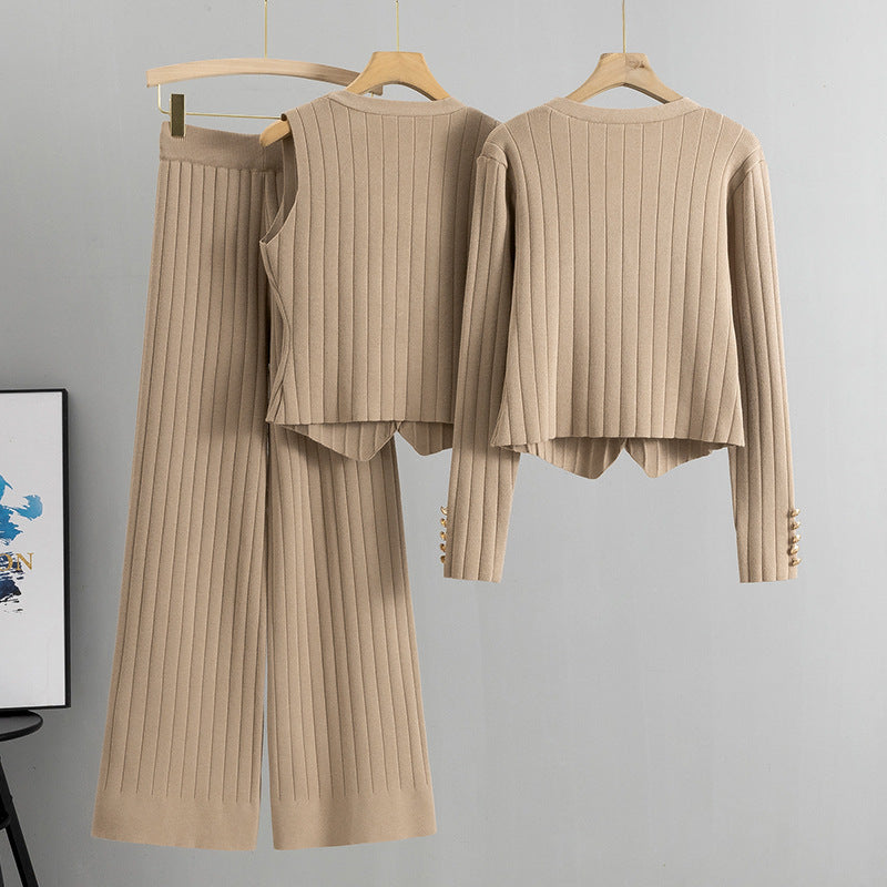 Conjunto de tres piezas de suéter y pantalones de pierna ancha Chanel de corte entallado coreano para mujer, chaleco de punto para primavera y otoño