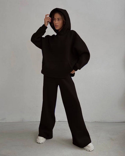 Conjunto de suéter con capucha y pantalones rectos informales para mujer, otoño e invierno, conjunto de dos piezas