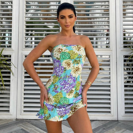 Summer Sleeveless Printed Tube Top High Waist Short Hip Wrapped Short Dress