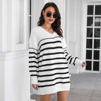 Vestido de punto suelto de lana con cuello en V y hombros caídos de manga larga para mujer, modelo exterior, primavera y otoño