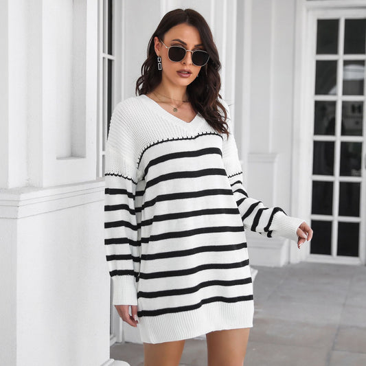 Vestido de punto suelto de lana con cuello en V y hombros caídos de manga larga para mujer, modelo exterior, primavera y otoño