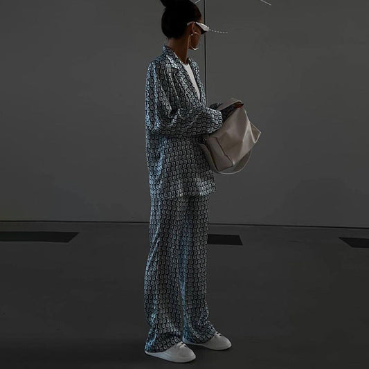 Ropa de mujer de principios de otoño, pantalones de pierna ancha con cuello de manga larga, traje estampado a juego para la calle