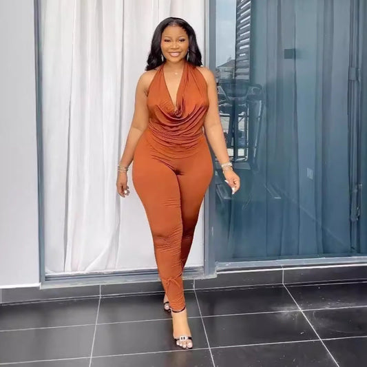 Solid Color Stretch Halter Backless Top Trousers Two Piece Set