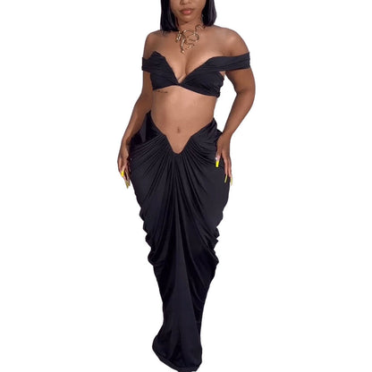 Conjunto de dos piezas de top de tubo sin mangas sexy, falda plisada ajustada y elástica