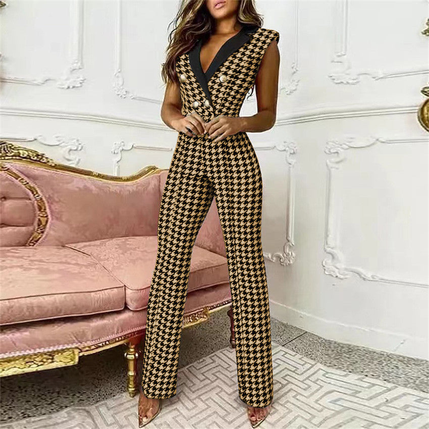 Mono de pata de gallo sin mangas con cuello en V y botones a juego para mujer, ropa de negocios para primavera y verano