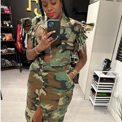 Ropa de camuflaje para mujer, cárdigan personalizado con bolsillos y mangas con volantes, abrigo de manga corta para exteriores para mujer