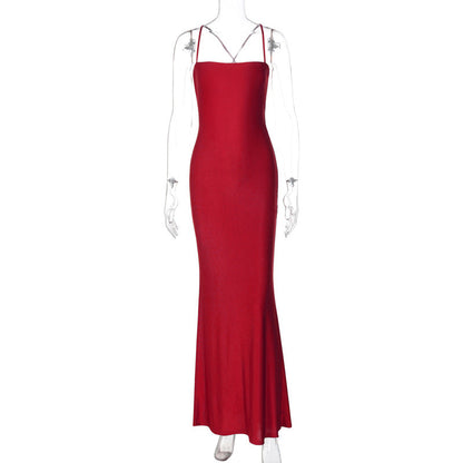 Vestido ajustado de verano para mujer, color liso, con escote en V y espalda descubierta, con costuras, aberturas y lazos.
