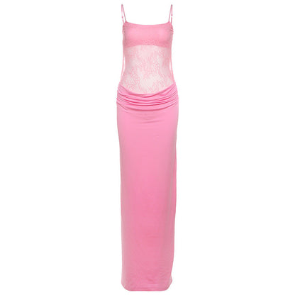 Vestido de primavera para mujer, sexy, con encaje y costuras transparentes, sin espalda