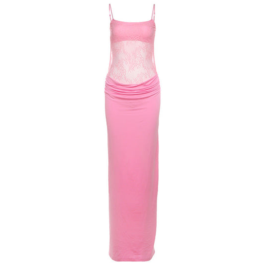Vestido de primavera para mujer, sexy, con encaje y costuras transparentes, sin espalda