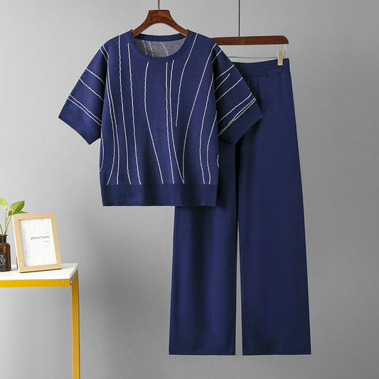 Conjunto informal holgado de dos piezas para mujer, con mangas murciélago, pantalones anchos a rayas de verano