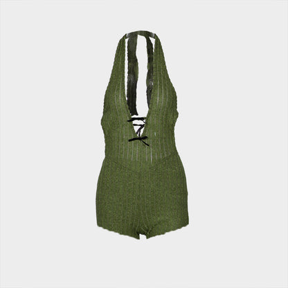 Mono de verano ajustado con cuello halter, encaje, espalda descubierta, sexy, pantalones acampanados, mono para mujer
