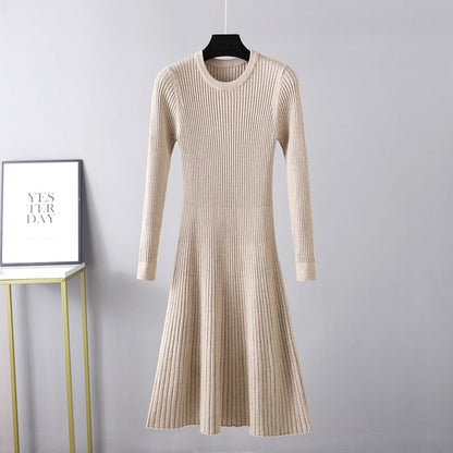 Vestido ajustado de otoño-invierno para mujer, vestido de longitud media, cuello redondo, color liso, prenda interior, suéter básico, vestido de corte A
