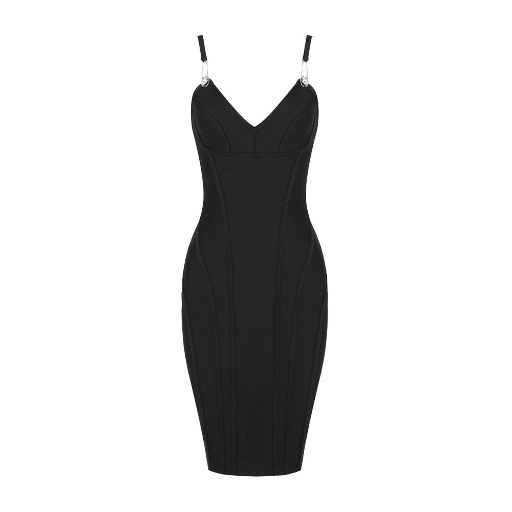 Vestido de verano negro con escote en V y tirantes con calaveras para adelgazar la cadera, ropa para mujer