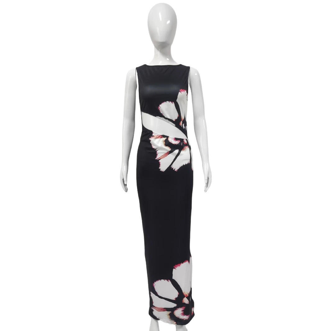 Vestido elegante de verano con cuello redondo y aberturas laterales para mujer