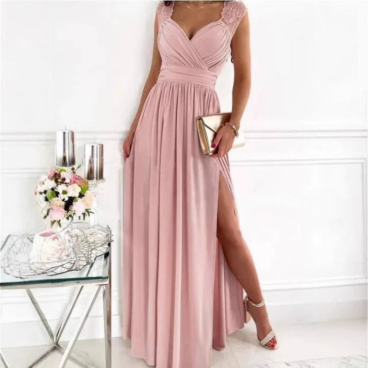 Vestido de mujer sin mangas con espalda descubierta, color liso, dobladillo ancho y abertura