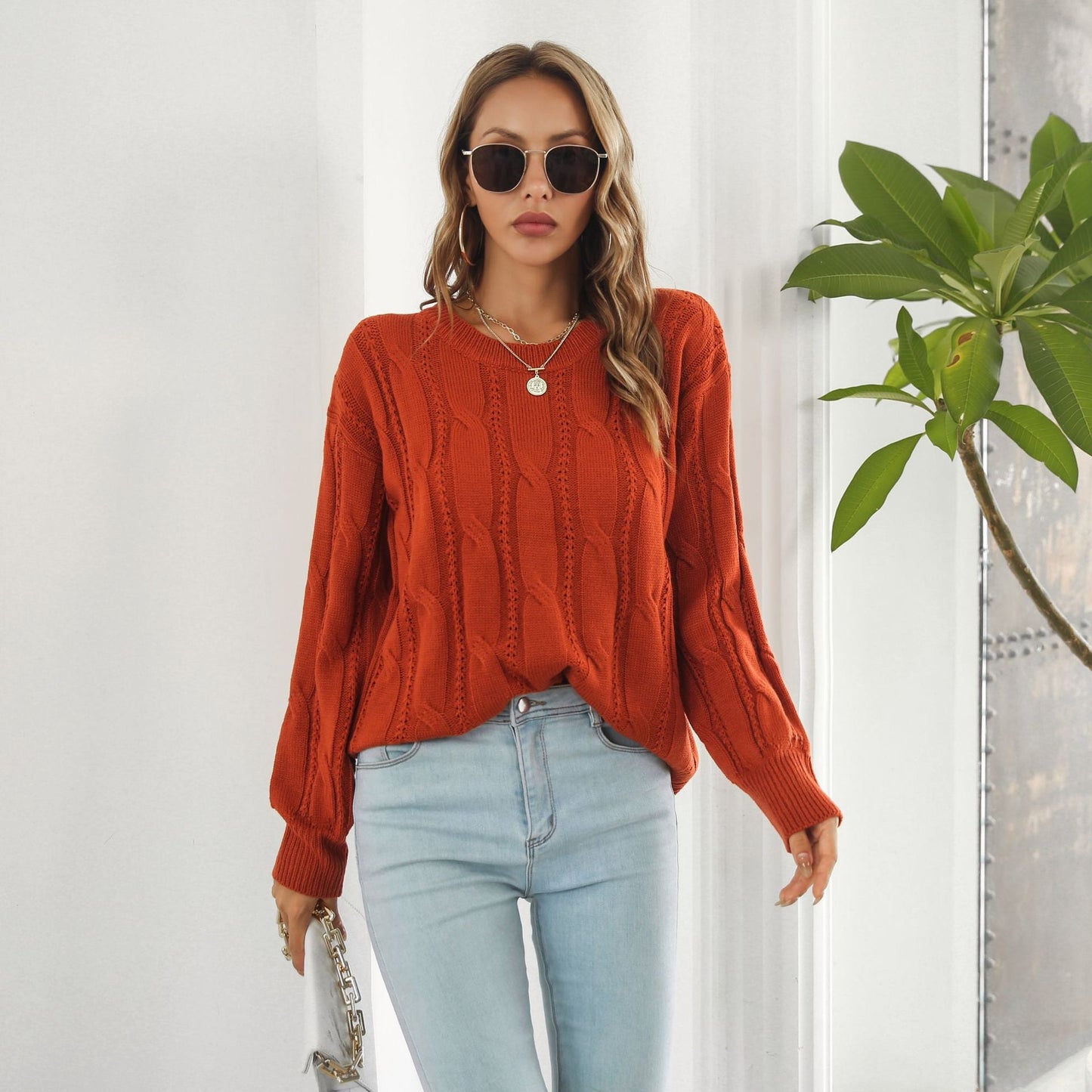 Suéter con aberturas y giro para mujer, suéter holgado de punto informal de manga larga para otoño e invierno