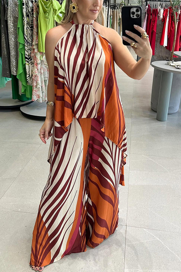 Conjunto de dos piezas de top y pantalones anchos de manga larga con estampado de posicionamiento de verano para mujer