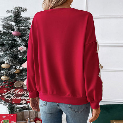 Sudadera navideña roja con lazo y cuello redondo para mujer, otoño e invierno