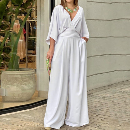 Mono elegante de verano para mujer, color liso, manga corta, informal, con cuello en V