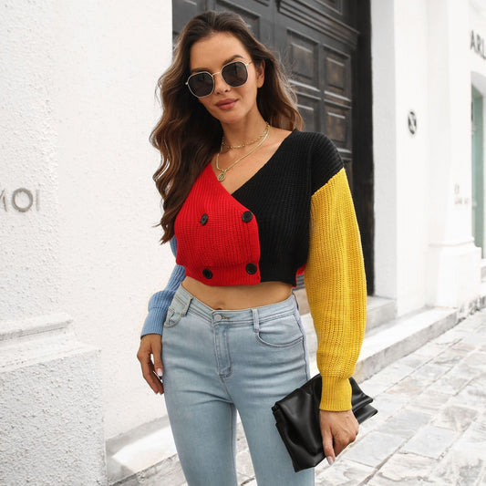 Suéter de punto con doble botonadura y costuras en contraste de color, cárdigan, abrigo corto para mujer, manga larga, otoño e invierno.