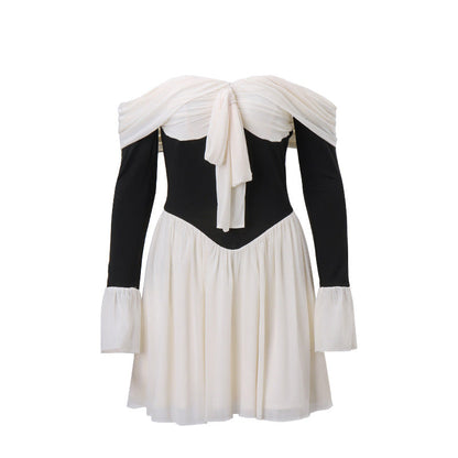 Vestido de otoño sexy con hombros descubiertos y cintura real francesa con mangas acampanadas controladas para mujer