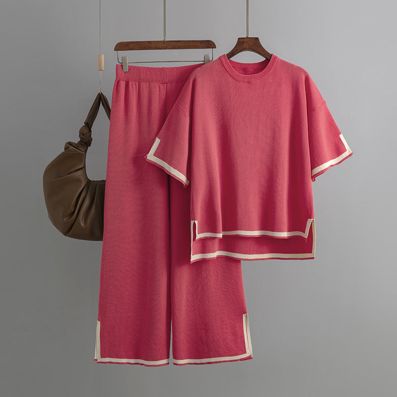 Conjunto elegante de dos piezas con suéter de manga corta con abertura en color de contraste y cintura alta, pantalones anchos y adelgazantes