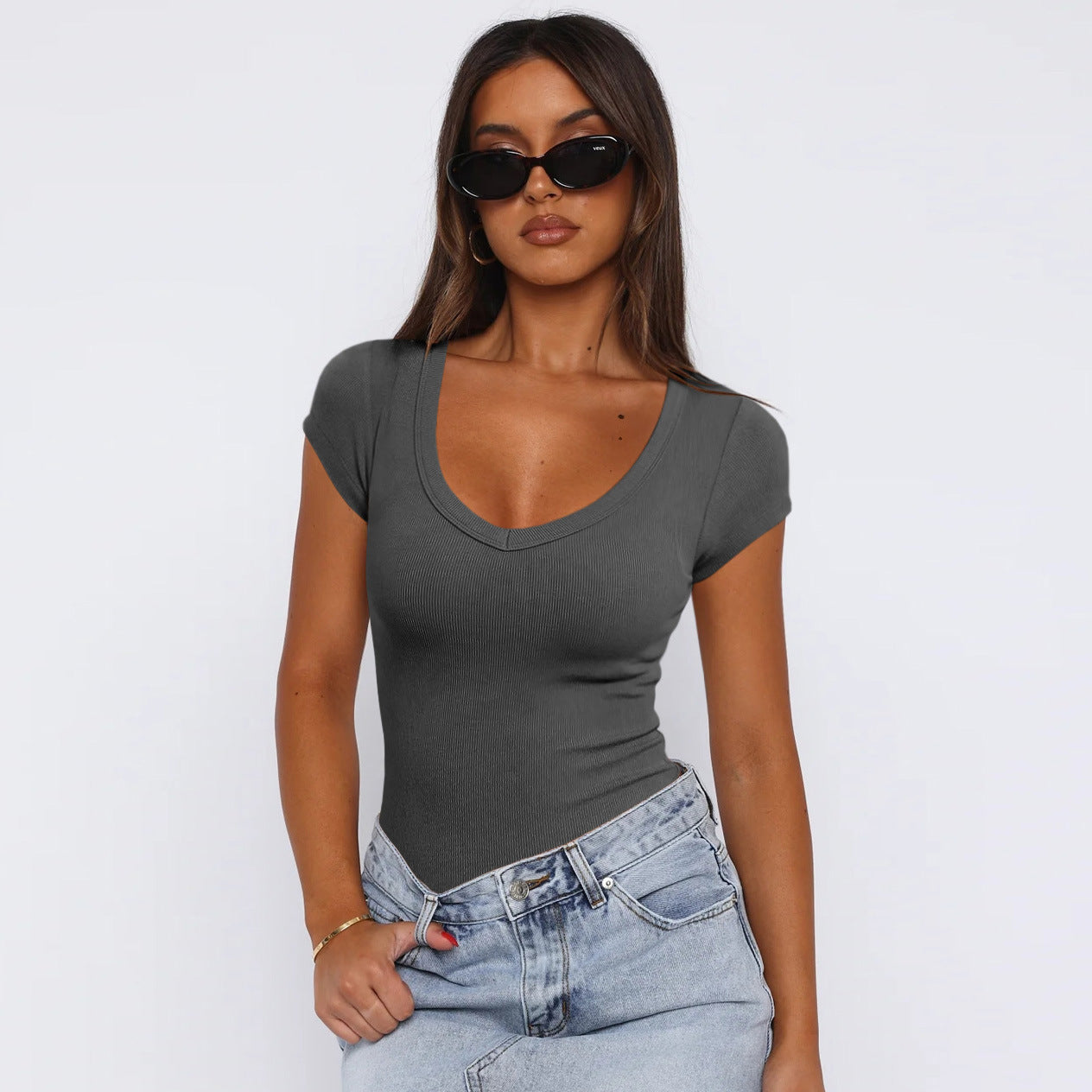 Camiseta de manga corta con cuello en forma de huevo y hilo para mujer, de verano, ajustada, con hombros descubiertos