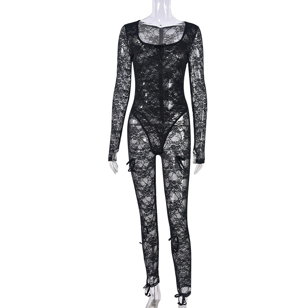 Mono de verano para mujer, sexy, elástico, con encaje y manga larga y cuello en U