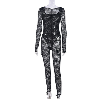 Mono de verano para mujer, sexy, elástico, con encaje y manga larga y cuello en U
