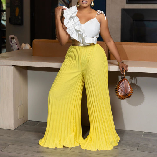 Women Clothing Sexy Ruffles Sleeveless Top Wide Leg Wide Leg Pants Set
