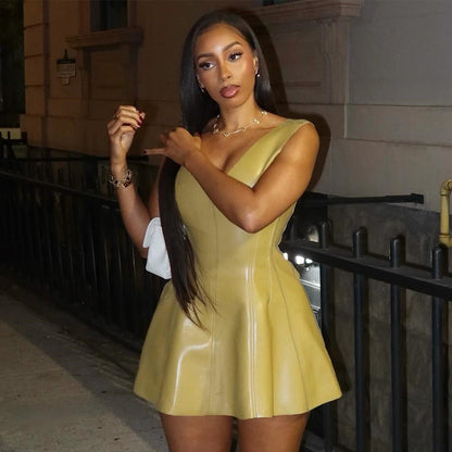 Vestido de piel sintética para mujer, cuello en U, sin mangas, sexy, con parches y personalidad