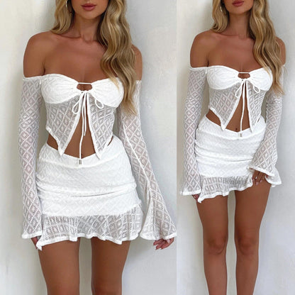 Conjunto de falda asimétrica irregular con lazo y hombros descubiertos para mujer, ropa de verano sexy