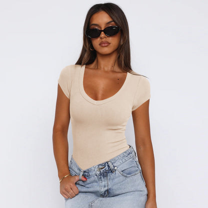 Camiseta de manga corta con cuello en forma de huevo y hilo para mujer, de verano, ajustada, con hombros descubiertos