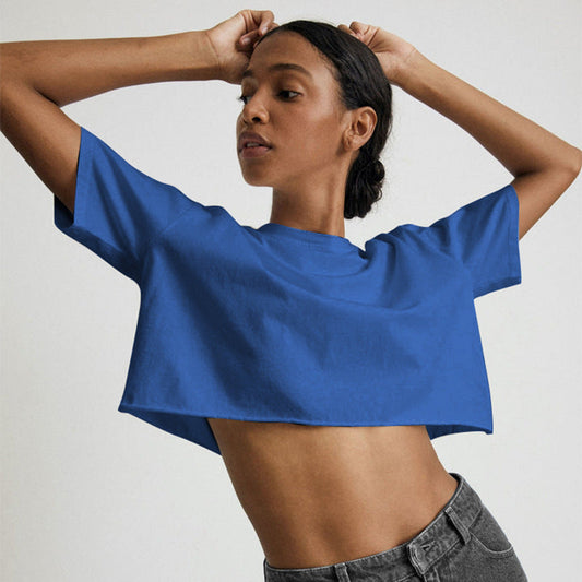 Camiseta sexy de manga corta para mujer, de verano, de algodón puro, color liso, corta, con cuello redondo, deportiva.