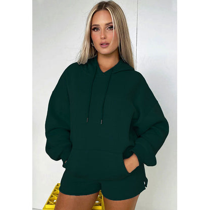 Suéter de manga larga con capucha y forro polar grueso de color liso para otoño e invierno, traje informal para mujer con pantalones cortos