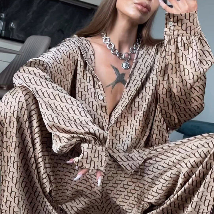 Traje de dos piezas de satén estampado para mujer, camisa holgada de manga larga y pantalones de primavera