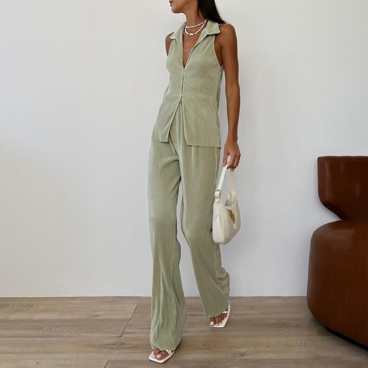 Ropa de mujer, verano, informal, color sólido, camisa sin mangas, pantalones de cintura alta, traje plisado
