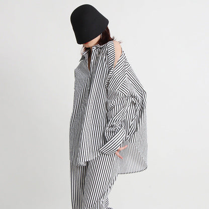 Conjunto de camisa urbana informal sencilla de otoño con múltiples bolsillos, pantalones rectos de cintura media y rayas asimétricas irregulares